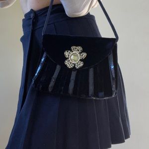 VINTAGE • Y2k Small Velvet Purse with Floral Embellishment and Sequins